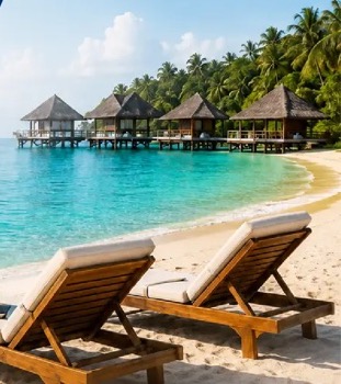 Overwater villas and sun loungers on a Bali beach