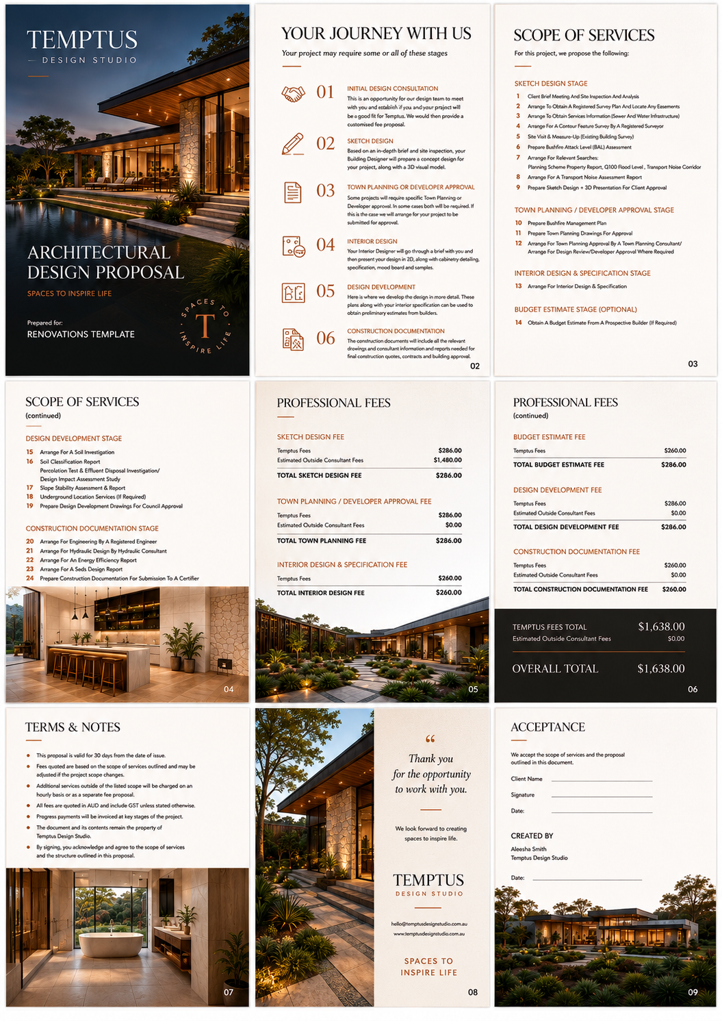 Architectural design proposal template: cover, journey, scope of services, professional fees and acceptance pages