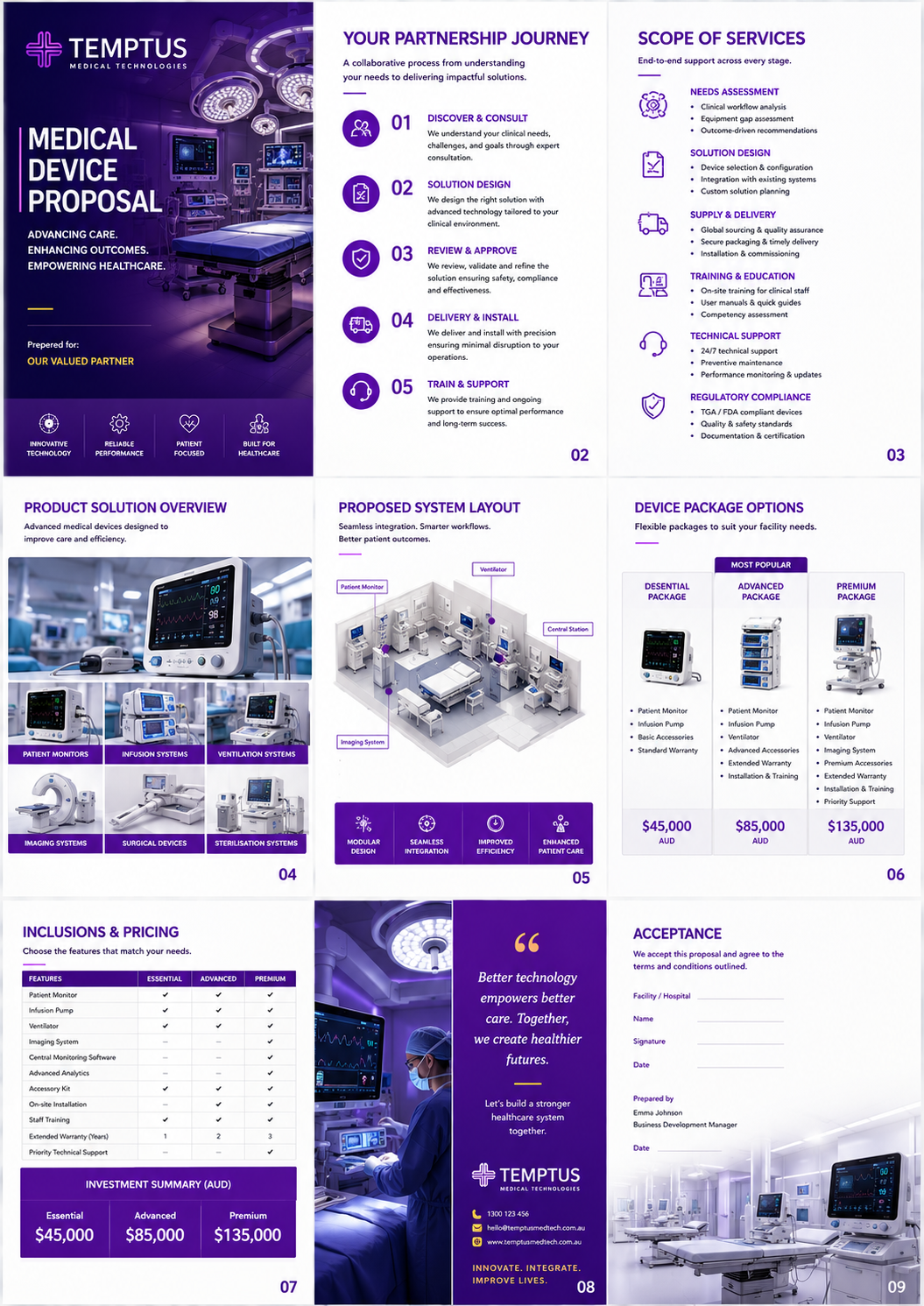 Medical device proposal template: cover, device packages and investment pages