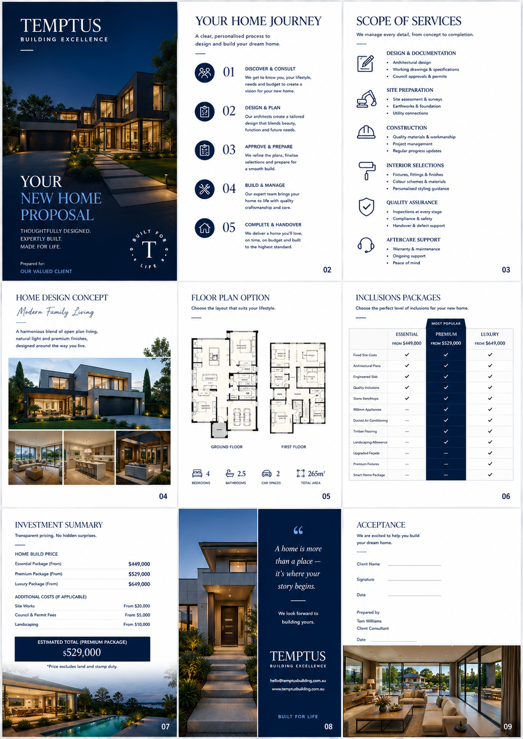 New home build proposal template: cover, floor plans, inclusions packages and acceptance pages