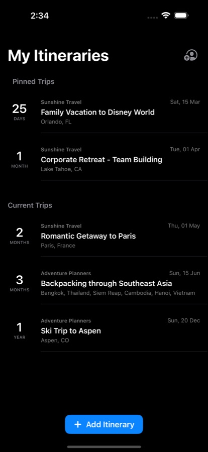 TravelDocs My Itineraries screen with pinned trips and countdowns