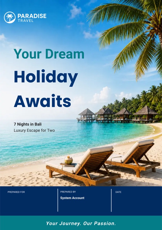 Paradise Travel template cover: Your Dream Holiday Awaits, 7 nights in Bali