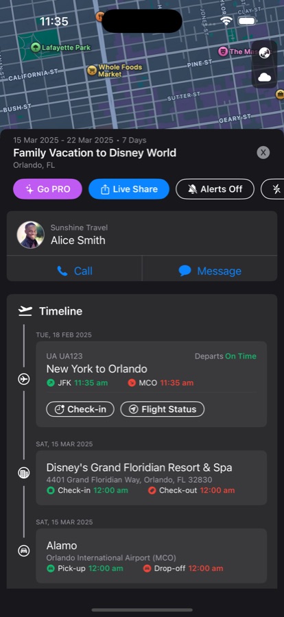 TravelDocs trip timeline showing a flight with check-in and flight status buttons, a hotel stay and a car hire