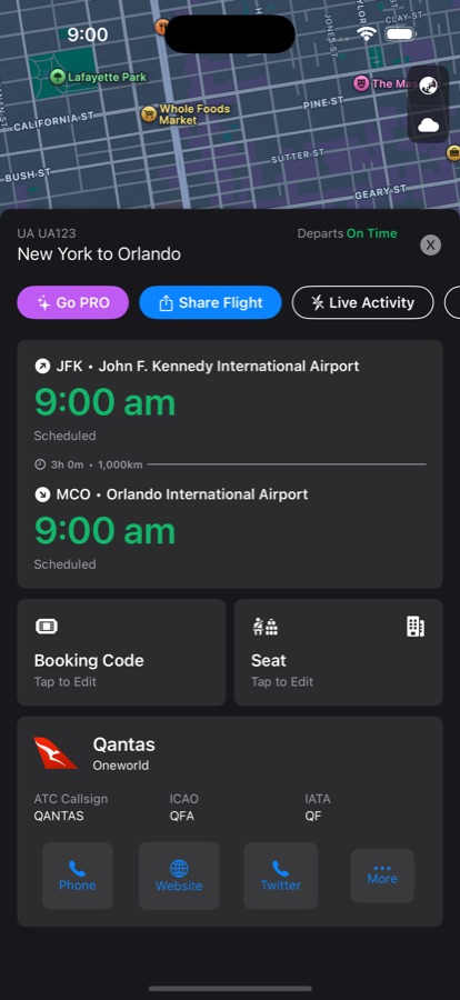TravelDocs flight detail with departure times, booking code and seat