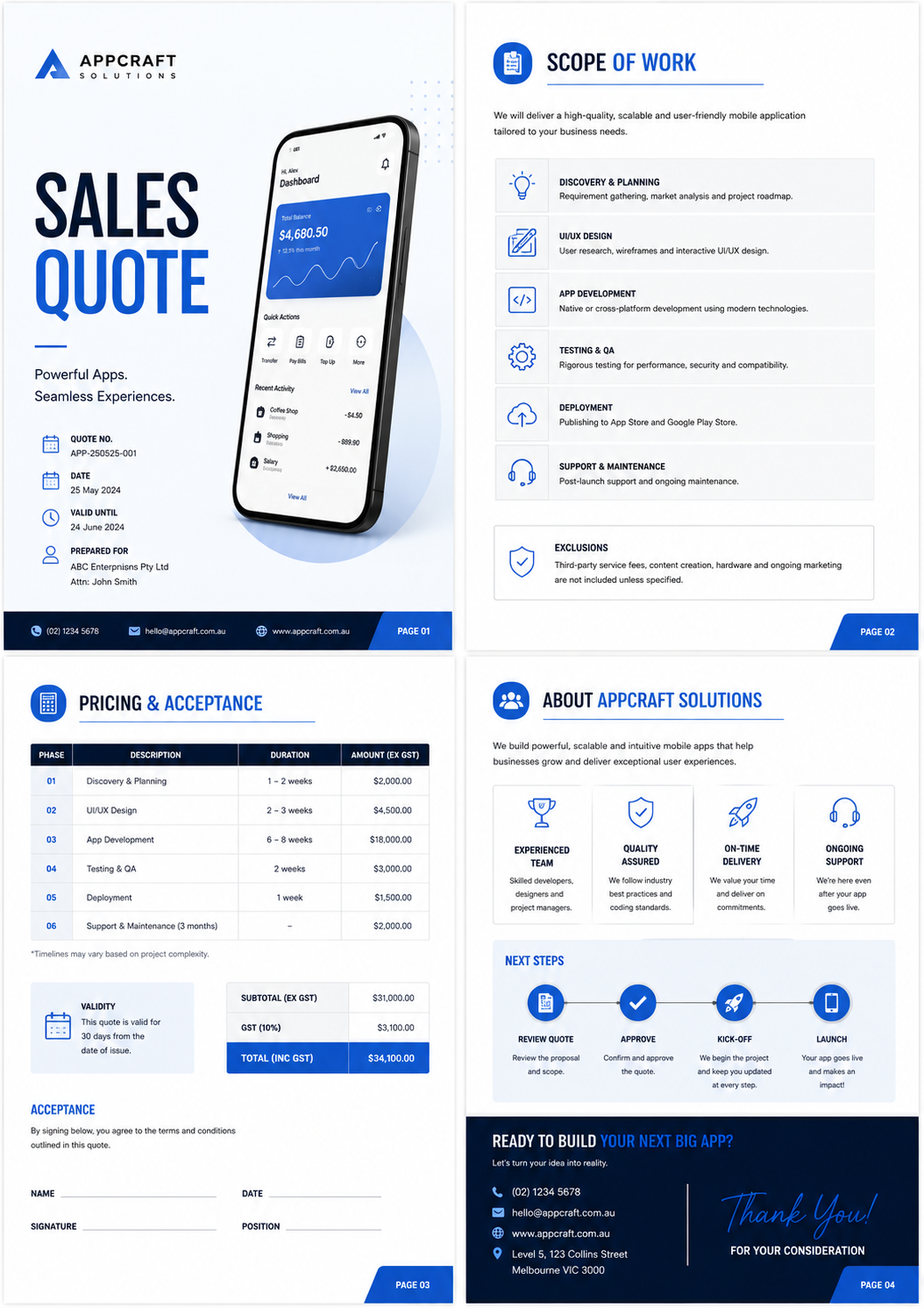 Sample app development sales quote from AppCraft Solutions: cover page and scope of work