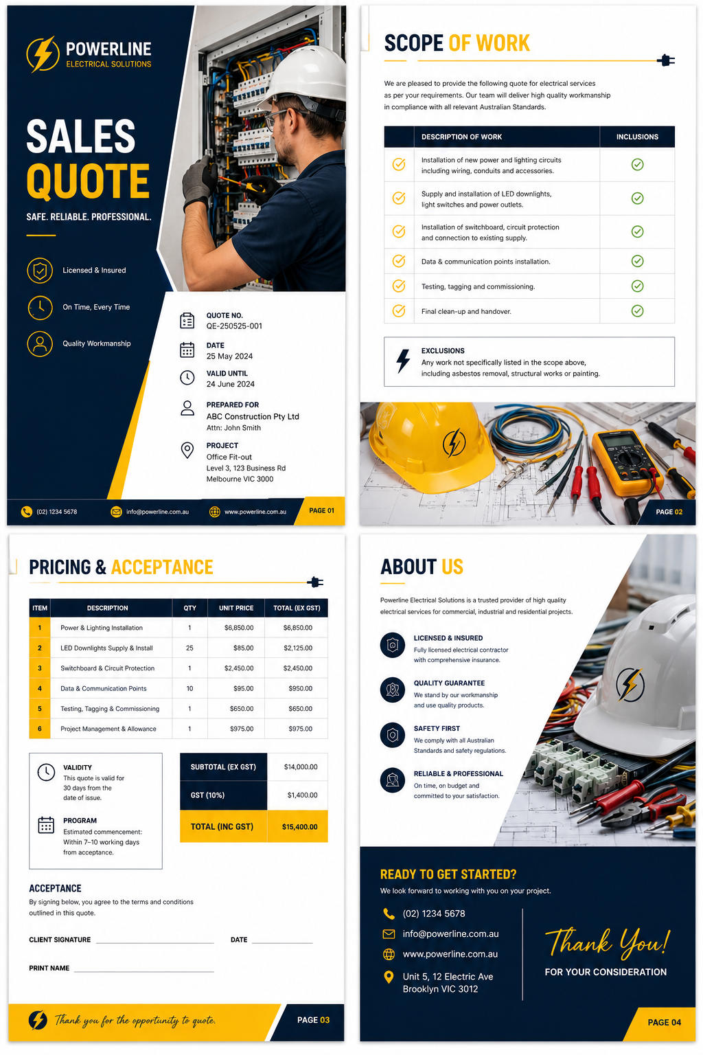 Sample electrical services sales quote from Powerline Electrical: cover page and scope of work