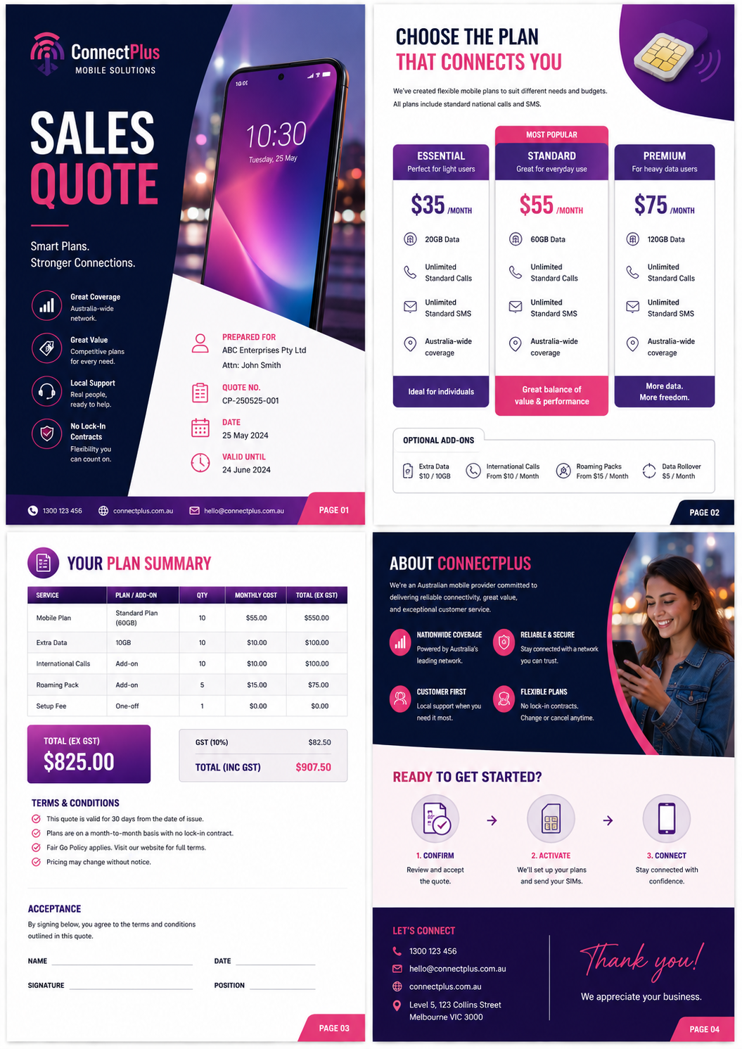 Sample mobile phone plan sales quote from ConnectPlus Mobile: cover page and plan options